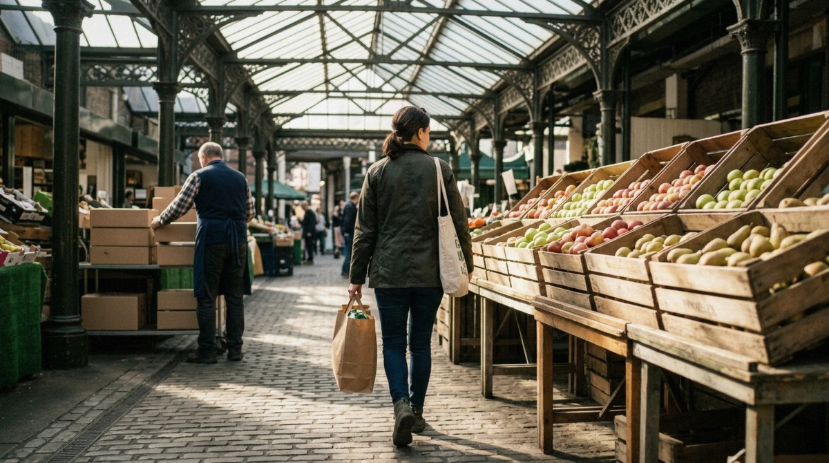 Market stalls piled with produce at Borough Market, one of the daily costs to weigh in how much a trip to London costs