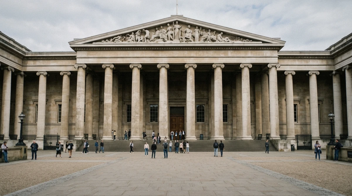 Visitors following a guide past ancient sculptures on a British Museum guided tour in Bloomsbury, London