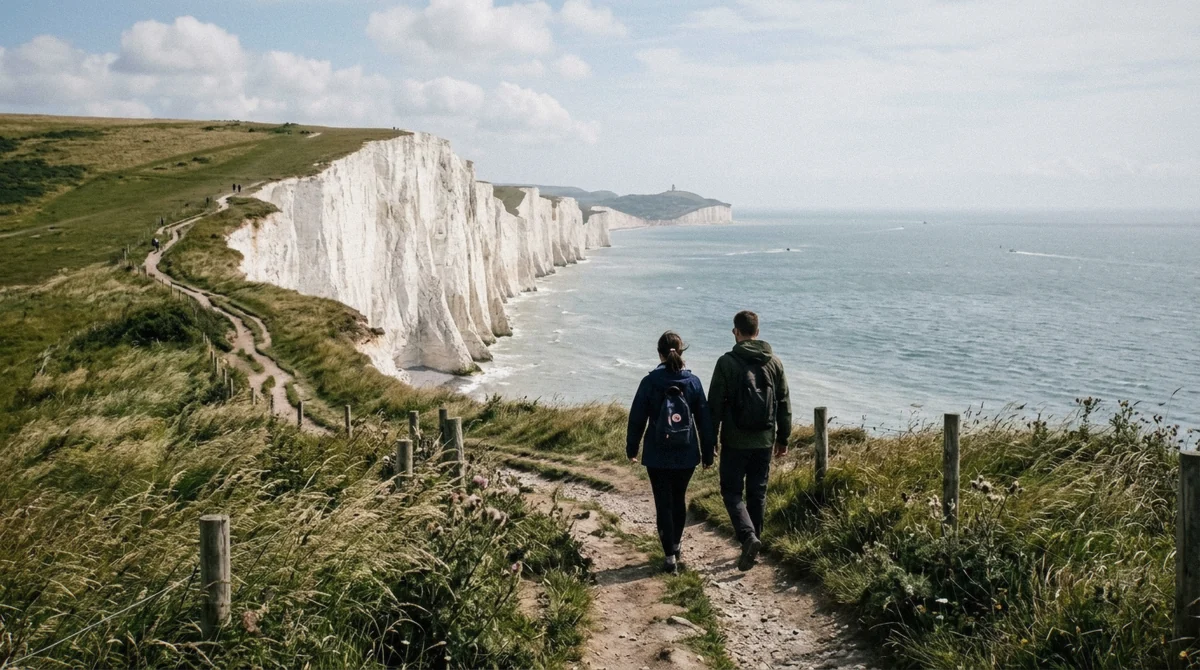 White chalk cliffs of Dover on a canterbury and dover day trip from London with Dover Castle visible on the headland above