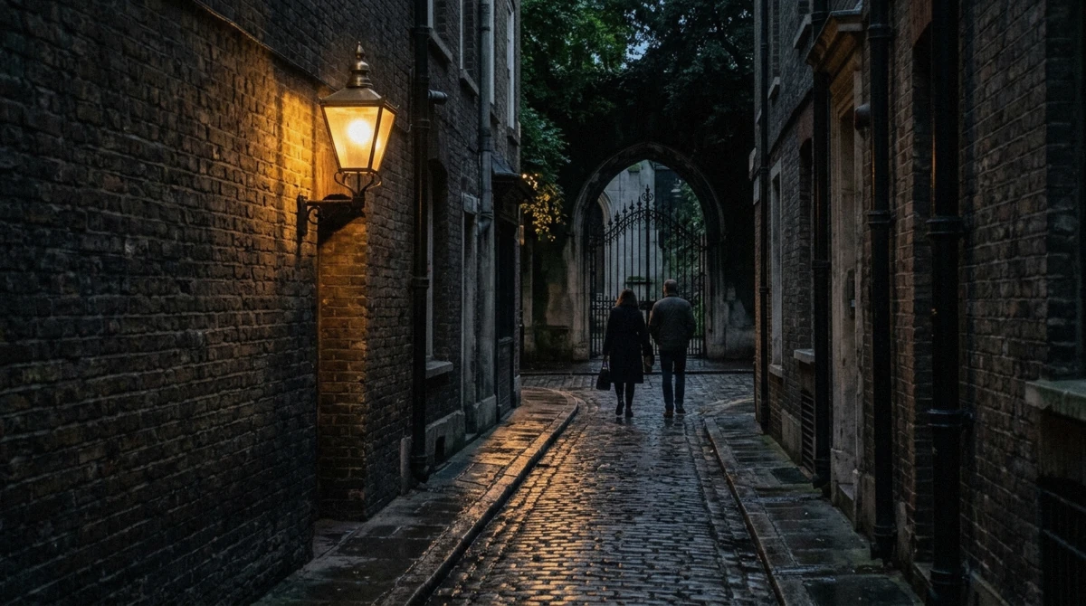 A lantern-lit City of London churchyard at dusk, a stop on a London ghost walking tour.