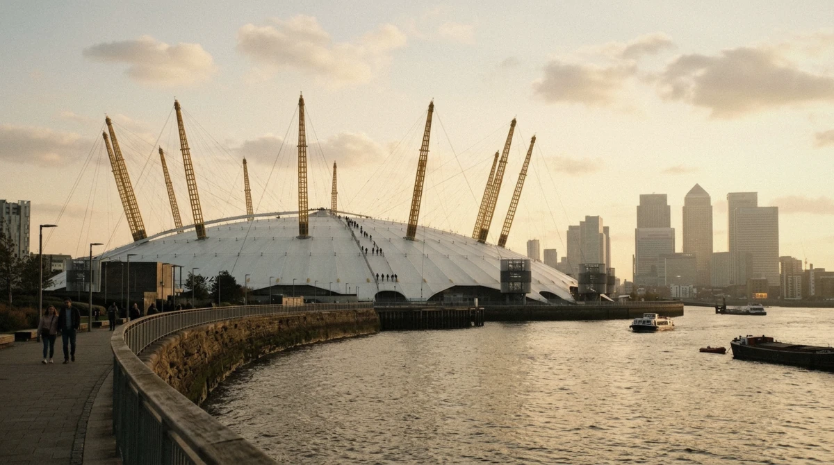Guided group harnessed together as they climb the O2 Arena rooftop walkway at dusk