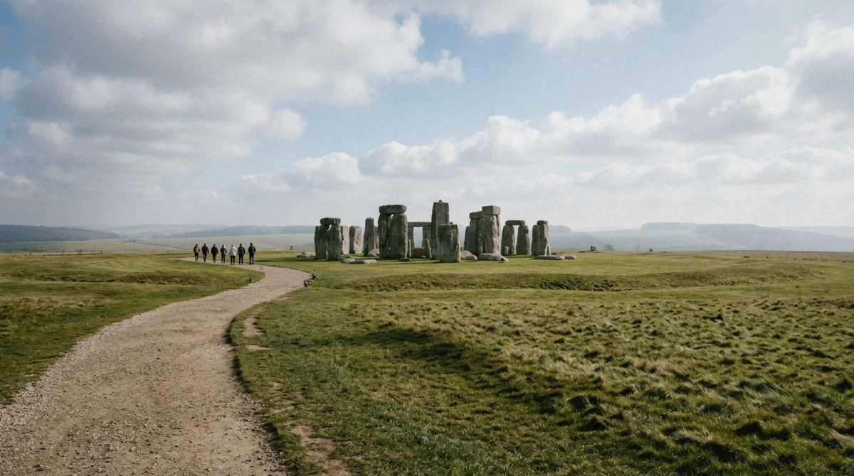 Coach passengers viewing the standing stones on a stonehenge and bath day trip from London across Salisbury Plain