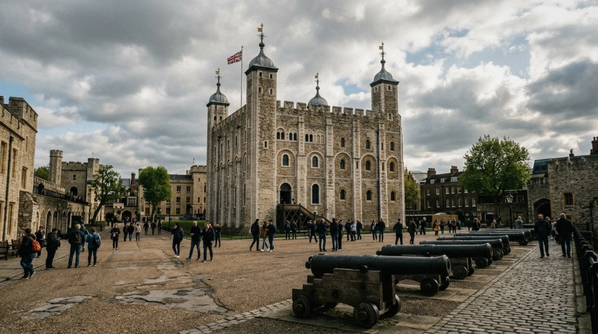 The White Tower and battlements at the Tower of London, the fortress covered by Tower of London and Crown Jewels tickets