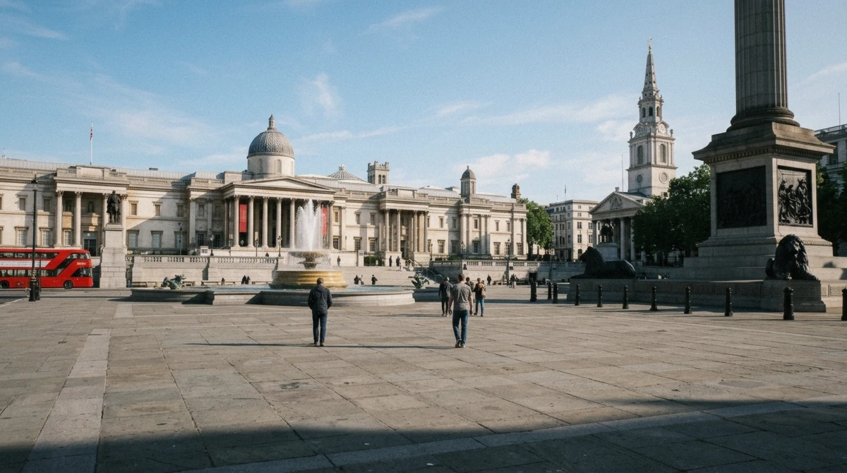 Trafalgar Square with the National Gallery behind it, one of the free museums in London that costs nothing to enter
