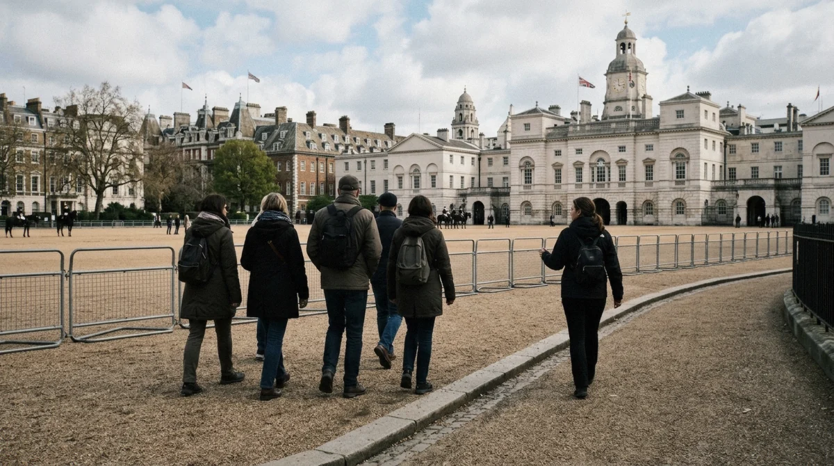 Guide leading a small group on a London sightseeing walking tour past Trafalgar Square on a bright morning